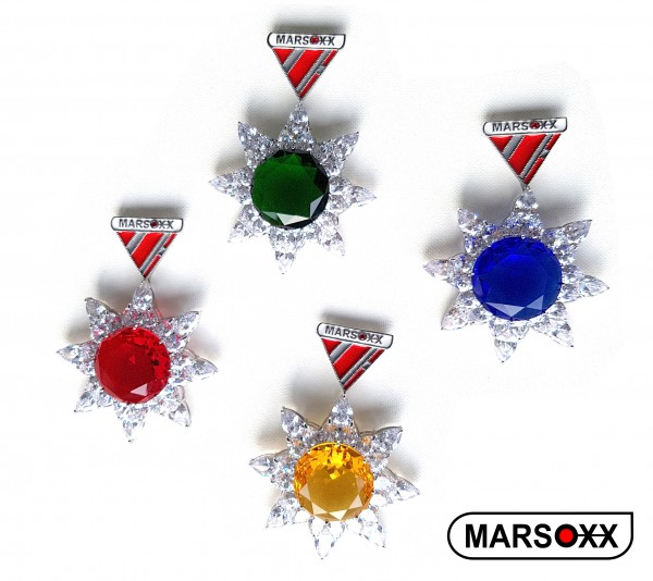 MARSOXX HonorSET-Big4 Schmuckorden Orden Brosche Zirkonia Cubic Zirconia große Kristallstein Brilliant Herrenschmuck Zierorden Set grün blau gelb rot Karnevalsorden rhodiniert Party Hochzeit Dragqueen